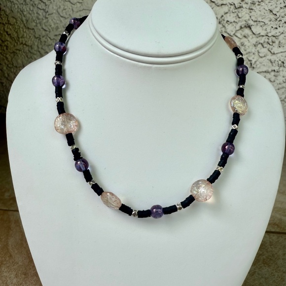 Hand Crafted Black Clay Necklace w Pink Discs & Purple Beads - Picture 1 of 5